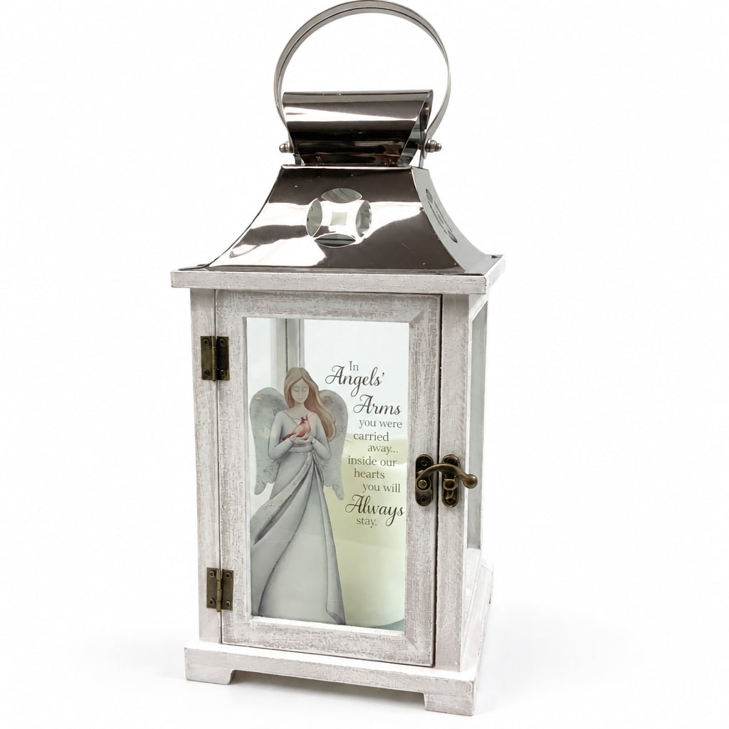 White memorial lantern with an angel illustration and text on the front