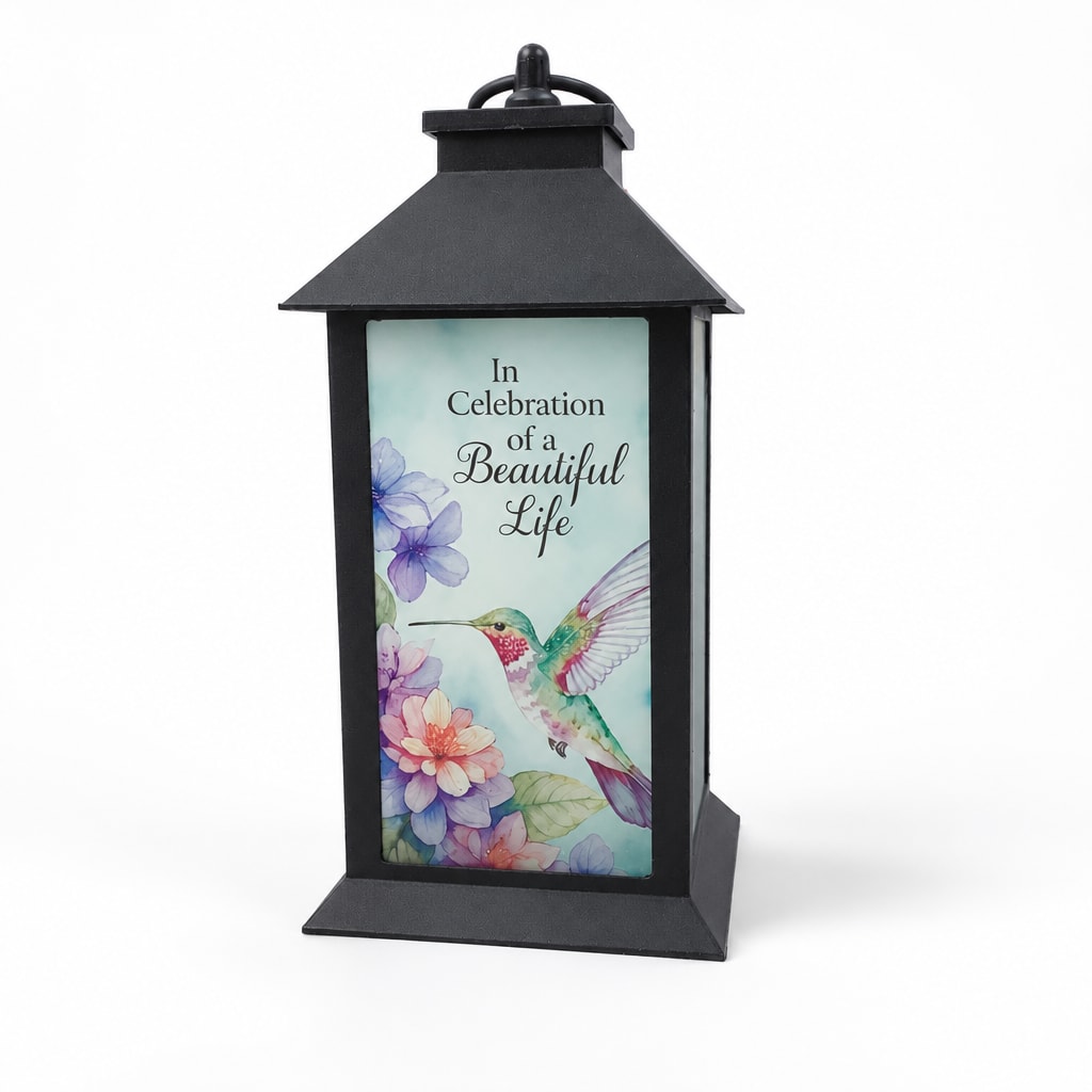 Black memorial lantern with a hummingbird and floral tribute panel
