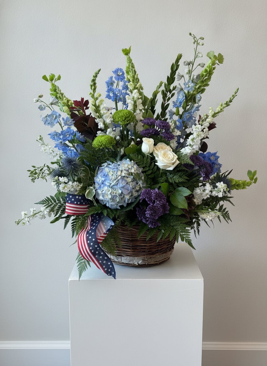 Patriotic Remembrance   - Honoring a life well lived - a graceful tribute designed in shades of blue and white symbolizing peace, remembrance and enduring love. 