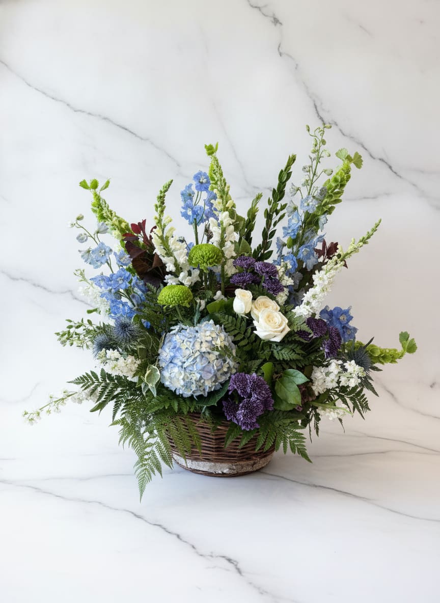 Serenity Basket  - An elegant sympathy basket featuring hydrangea, roses and delphinium in a soothing seaside color palette. 