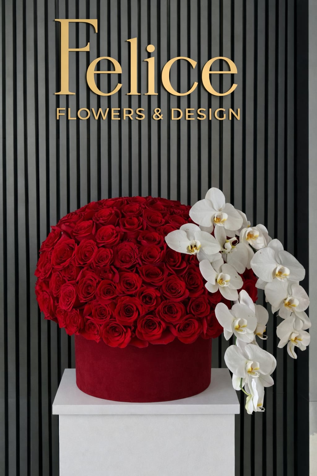Red rose arrangement with white orchids in a velvet box