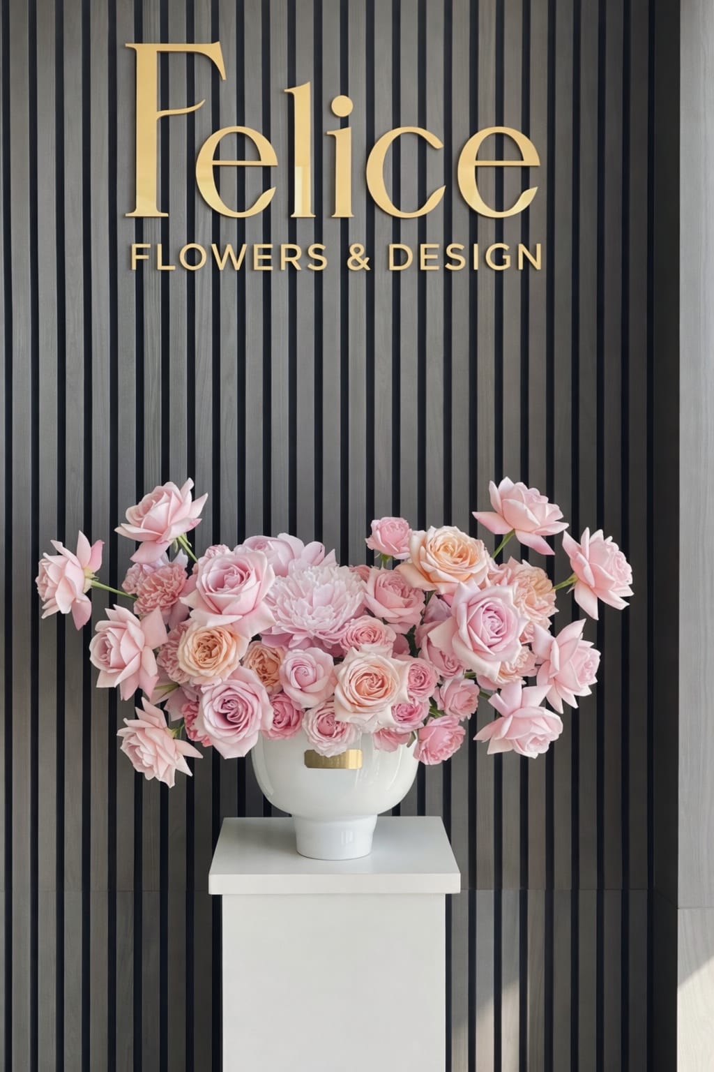 Pink rose arrangement in a white vase on a pedestal