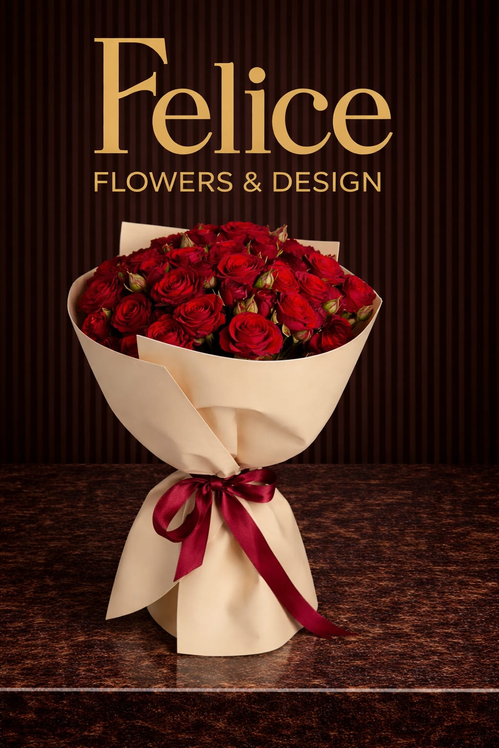 Bouquet of red roses wrapped in cream paper with a burgundy ribbon