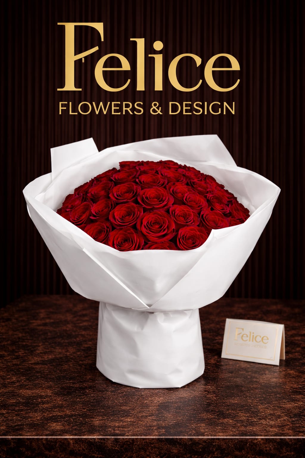 Bouquet of red roses wrapped in white paper