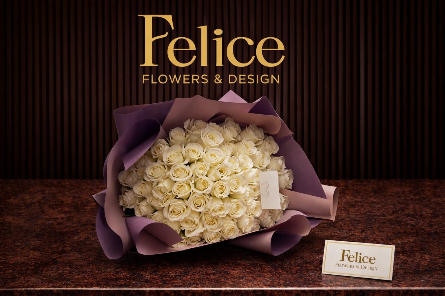 Large bouquet of cream roses wrapped in purple paper