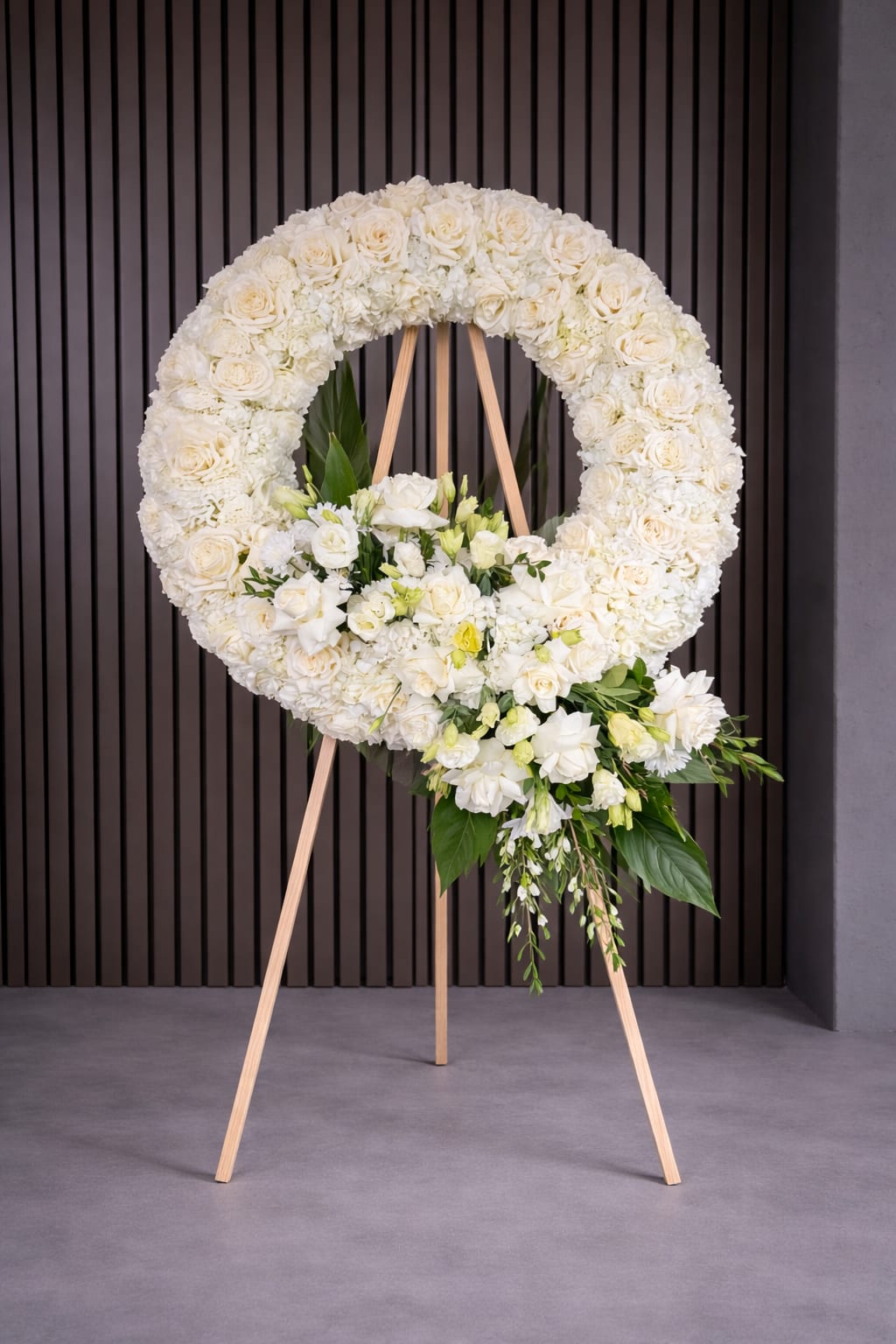 White floral wreath on a wooden easel with a cascading bouquet