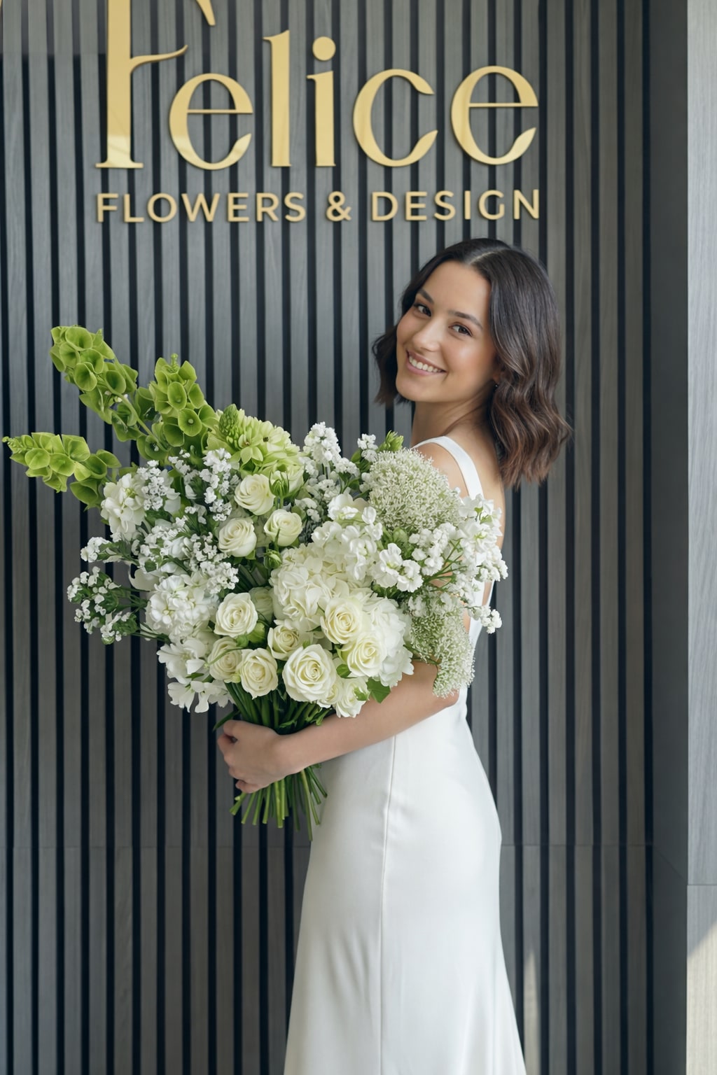 Bride holding a large white and green bouquet