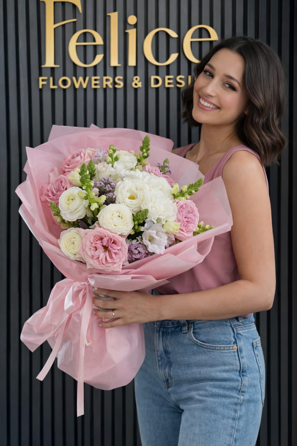 Woman holding a pink-wrapped bouquet of pink and white flowers