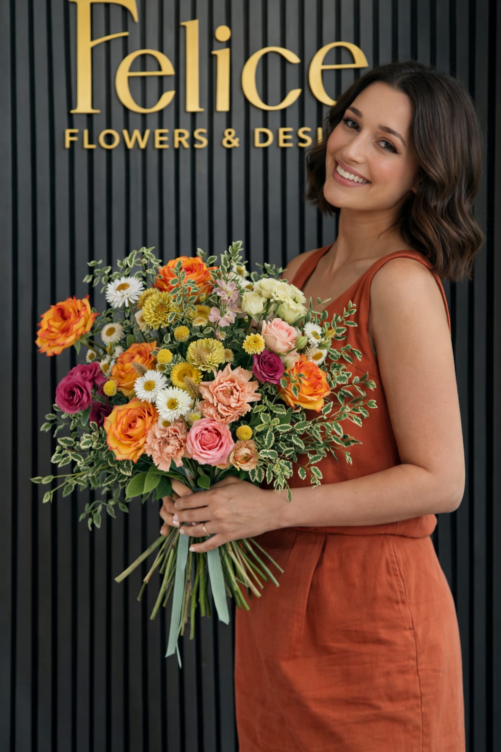 Woman holding a colorful mixed bouquet in front of a flower shop sign