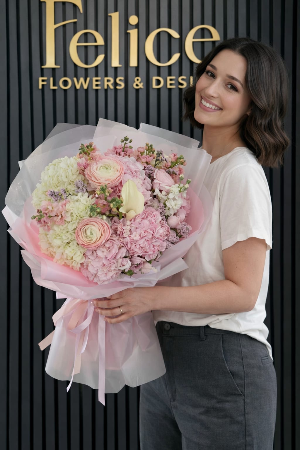 Woman holding a large pastel bouquet wrapped in pink paper