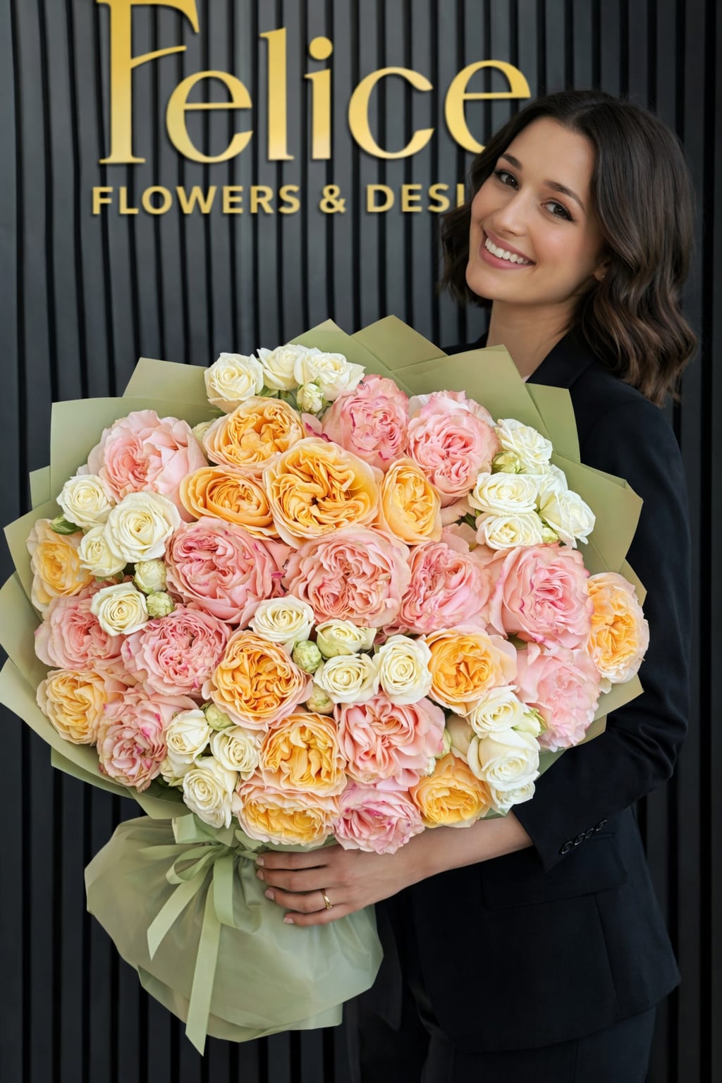 Woman holding a large bouquet of pink, peach, and white roses