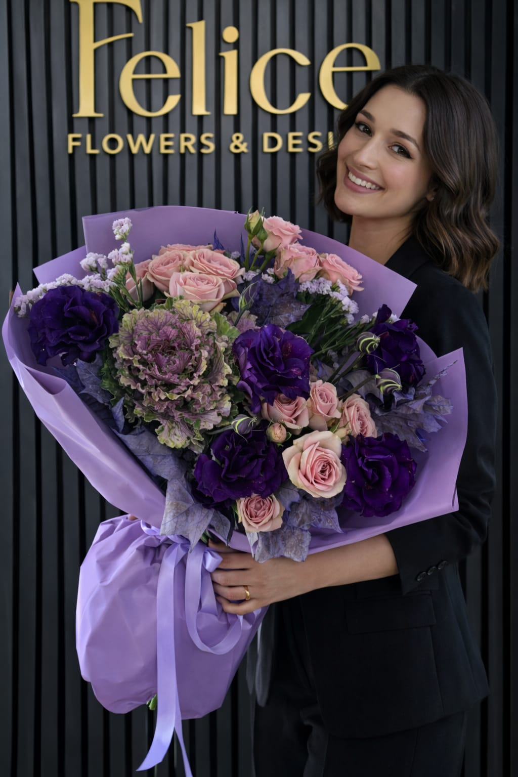 Woman holding a large bouquet of pink and purple flowers wrapped in lavender paper