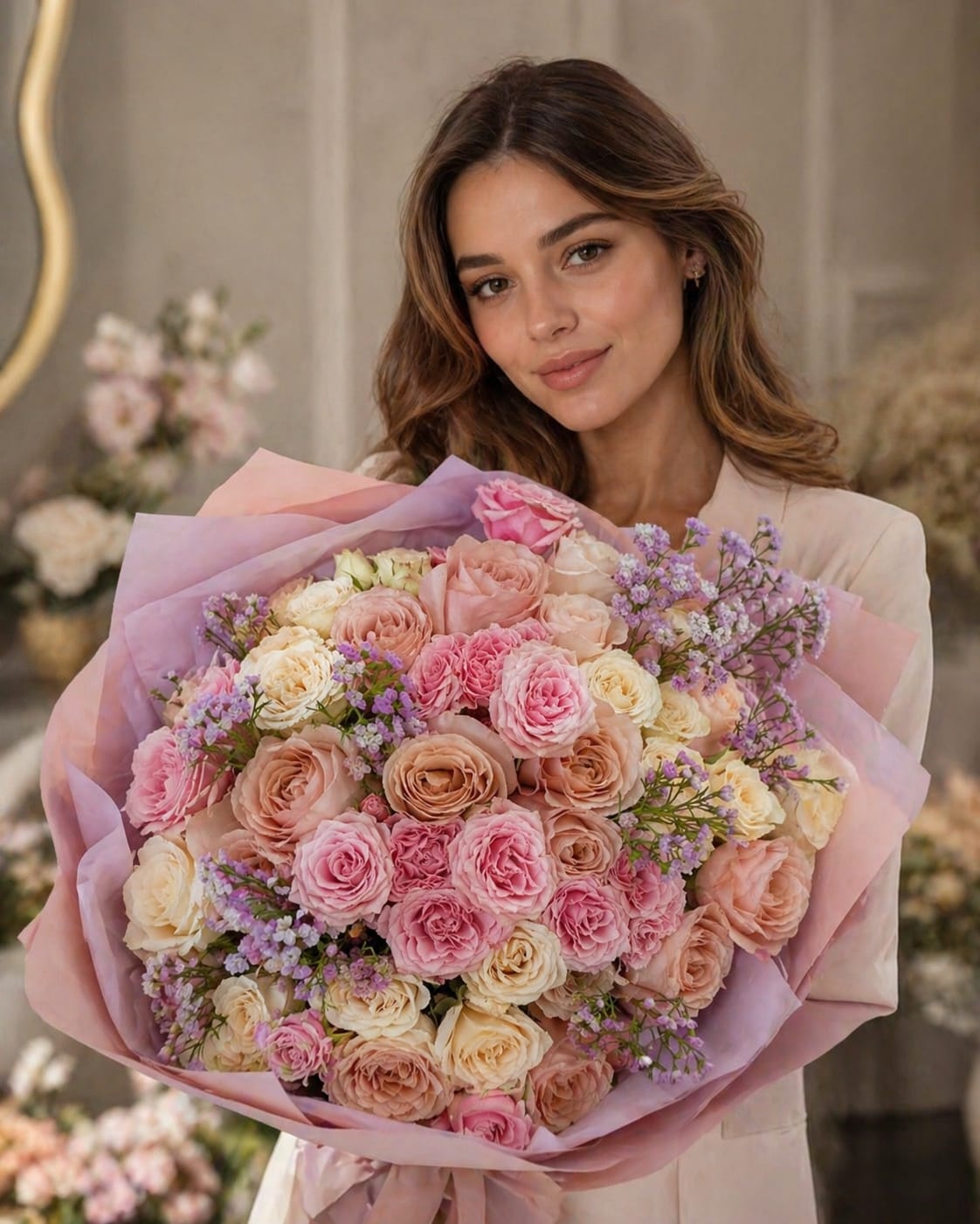 Blush Rose Luxury Bouquet - A lavish cascade of blush and peach roses creates an unforgettable birthday bouquet or anniversary surprise that reads as both luxurious and warmly personal. The Blush Rose Luxury Bouquet is designed to make the person you're thinking of feel truly celebrated-soft ivory and cream rose heads nestle with blush pink and peach blooms while small lavender filler flowers lend a whisper of contrast, making the arrangement feel romantic and gently airy.  This large, rounded bouquet is densely packed for a full, sculpted look and is finished in layered pastel pink and lilac wrapping paper tied with a satin ribbon for a polished, gift-ready presentation. Texturally rich with lush rose petals and delicate lavender accents, it reads feminine and elegant without being fussy.  Perfect for Mother's Day, anniversaries, or to mark a special birthday, this arrangement sends a message of affection and thoughtful taste. Size is generous-meant to fill a room with its presence-and care is simple: keep stems in fresh water, trim and refresh water daily for maximum vase life so the recipient enjoys every bloom.