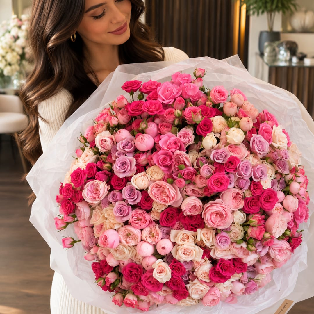 Woman holding a large bouquet of pink and lavender roses wrapped in white paper