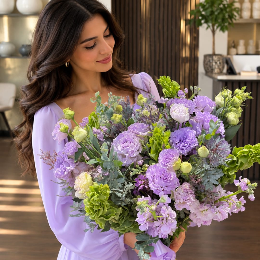 Woman holding a large lavender and green bouquet