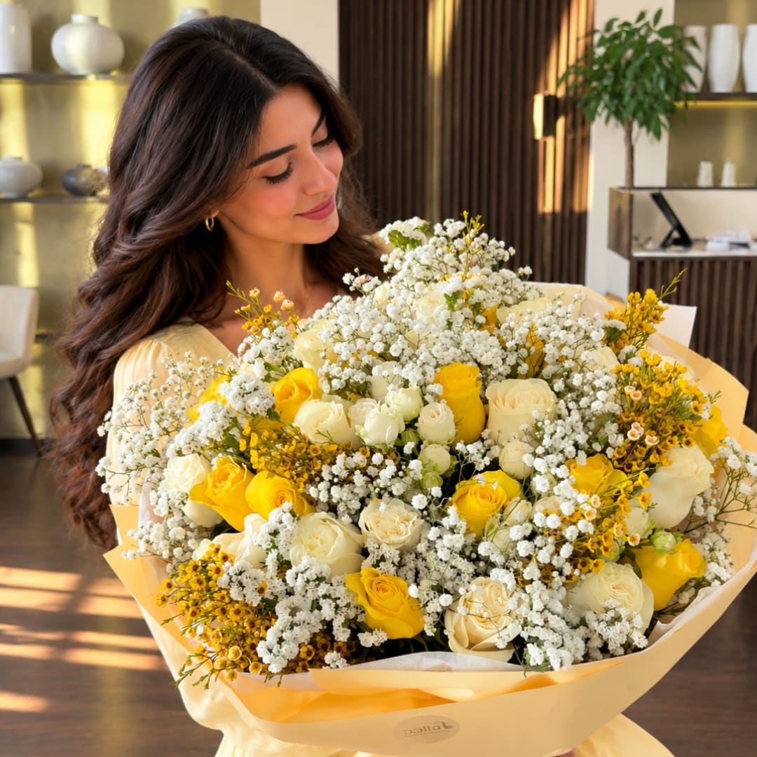 Woman holding a large bouquet of yellow and white roses