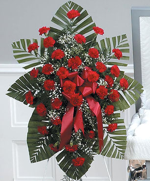 Standing spray of red carnations with baby’s breath and large palm leaves on an easel.