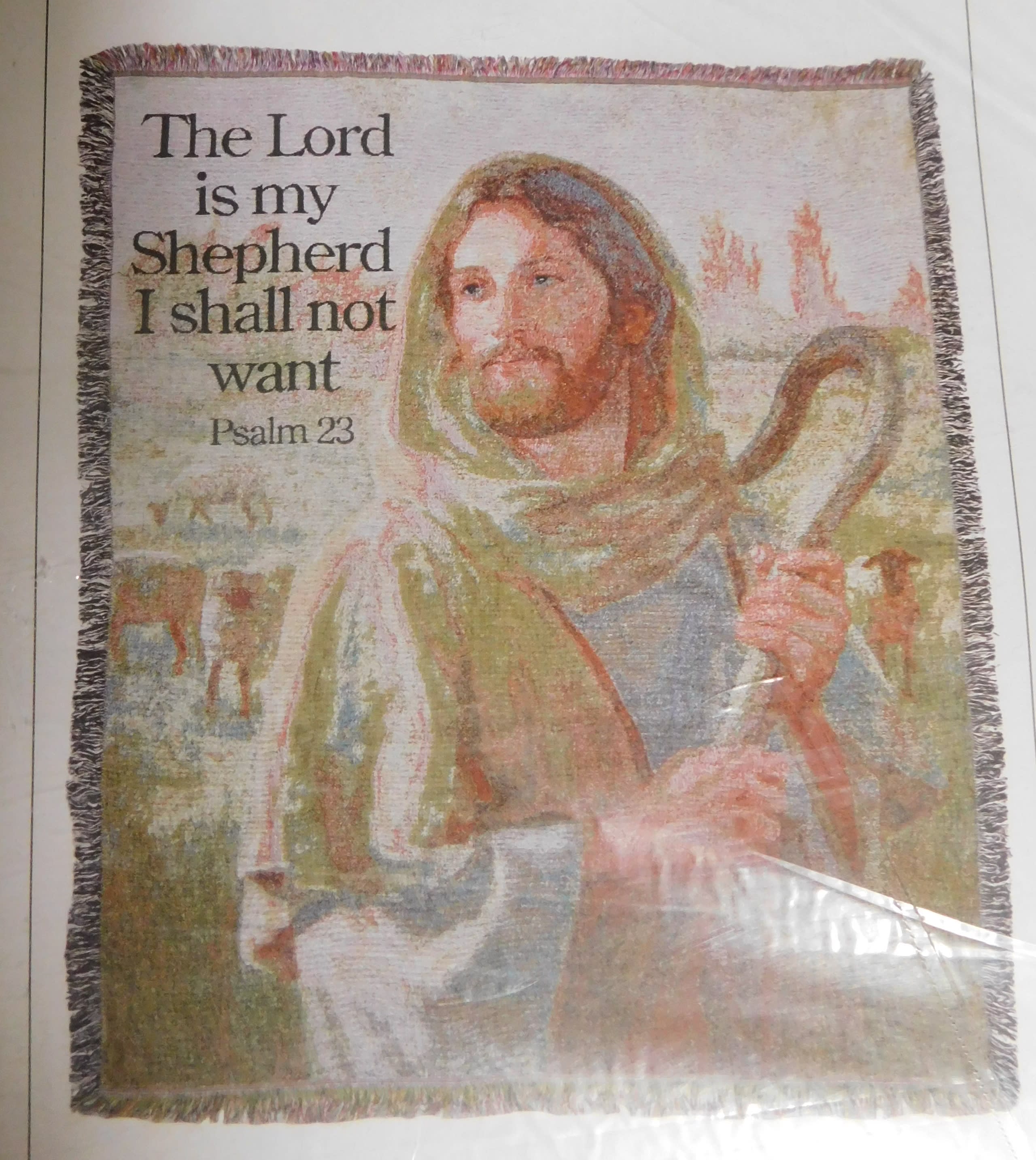 Religious wall hanging with Jesus and Psalm 23 text