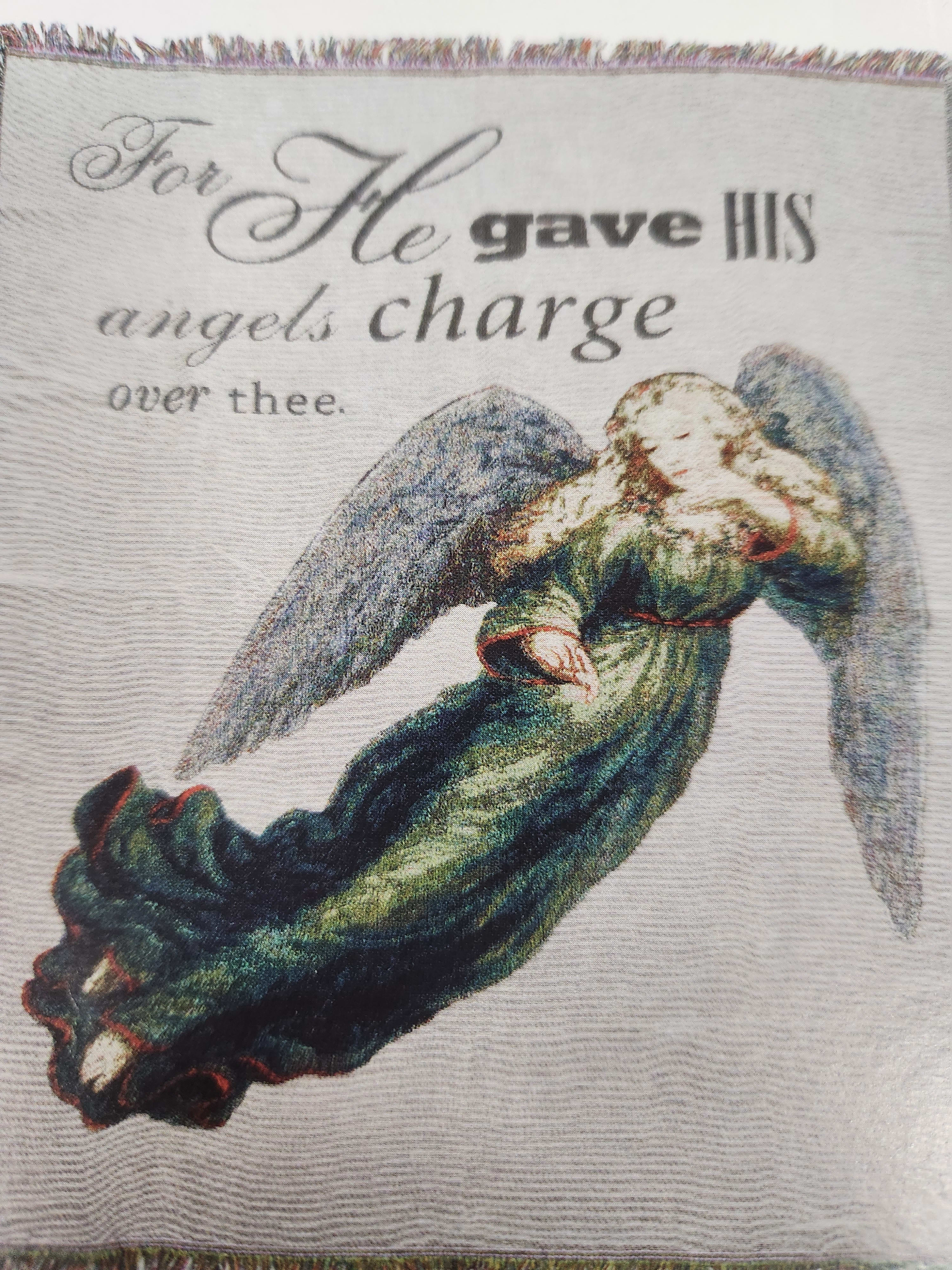 Angel illustration with text on a fabric panel