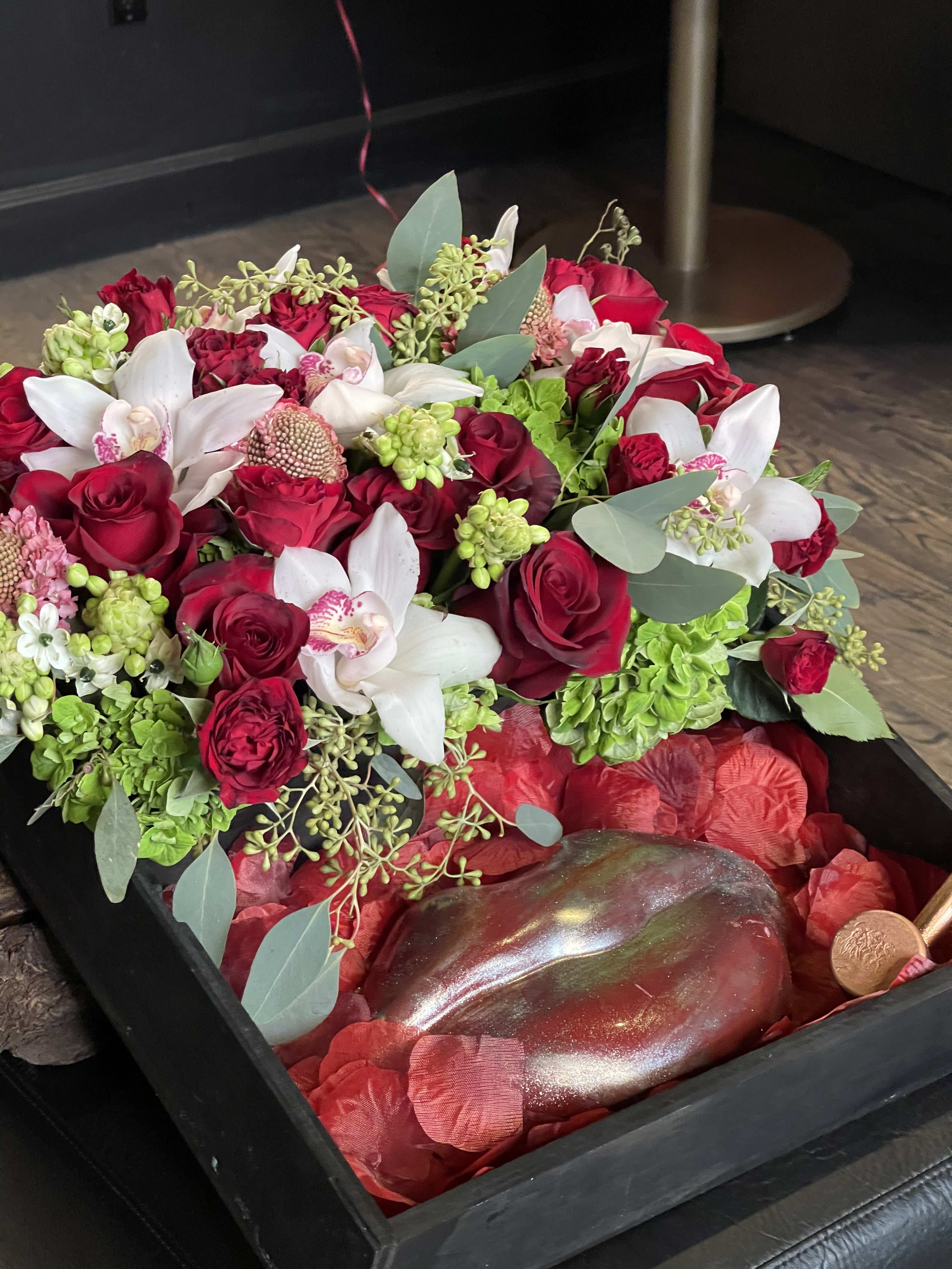 Box of love  - Black box of mix roses and orchids and breakable chocolate heart or lips 