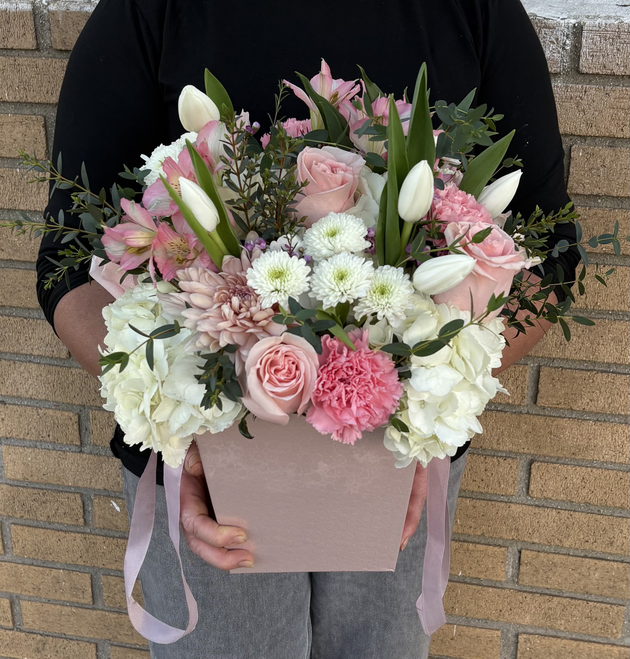 Pink and white mixed bouquet in a blush box with ribbon