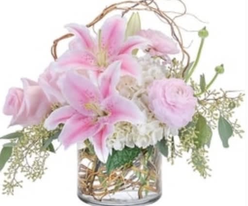 Blissful pink - Pink oriental lily, hydrangeas and ranunculus, very pastel and romantic, even the picky girl will fall for.