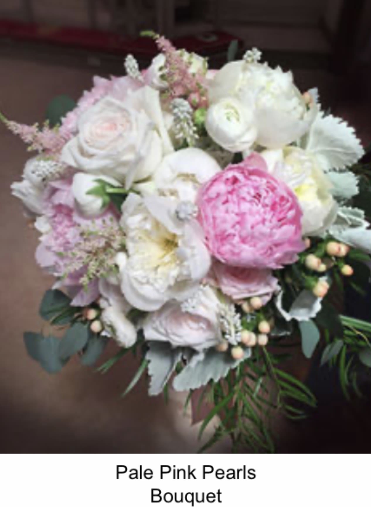 Pale pink pearl bqt - Pink peony, white peony white ranunculus, white roses soft peach berry with dusty millet green 
