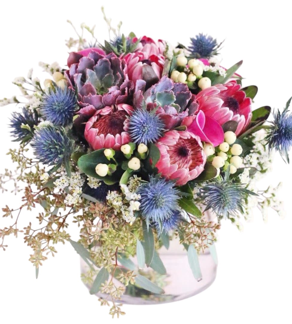Lasting love proteas  - Exotic pink proteas, mixed wax flowers, tropical lucerdadum, succents , berry thistle, in a drum sharp cylinder vase