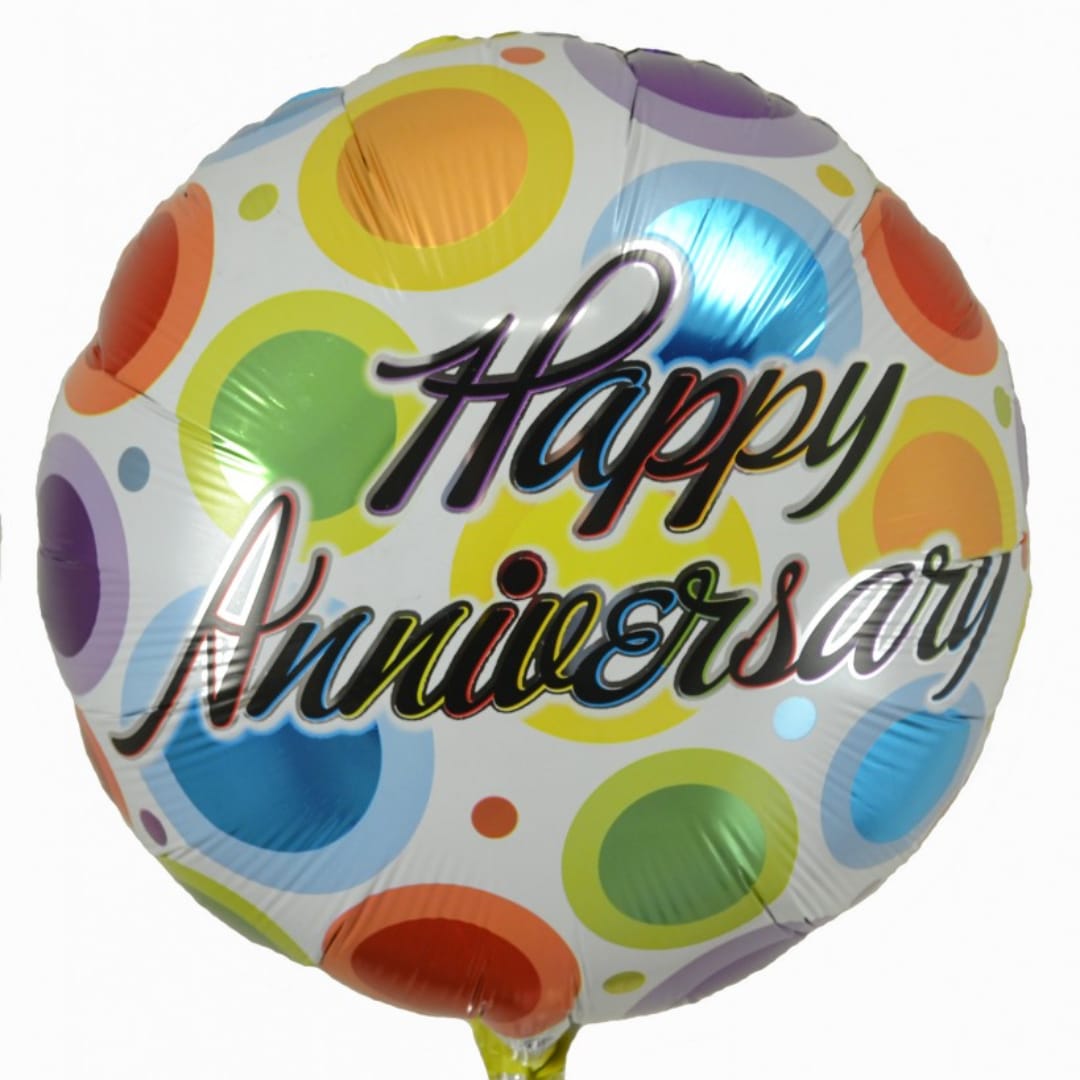 Round polka-dot balloon with "Happy Anniversary" text