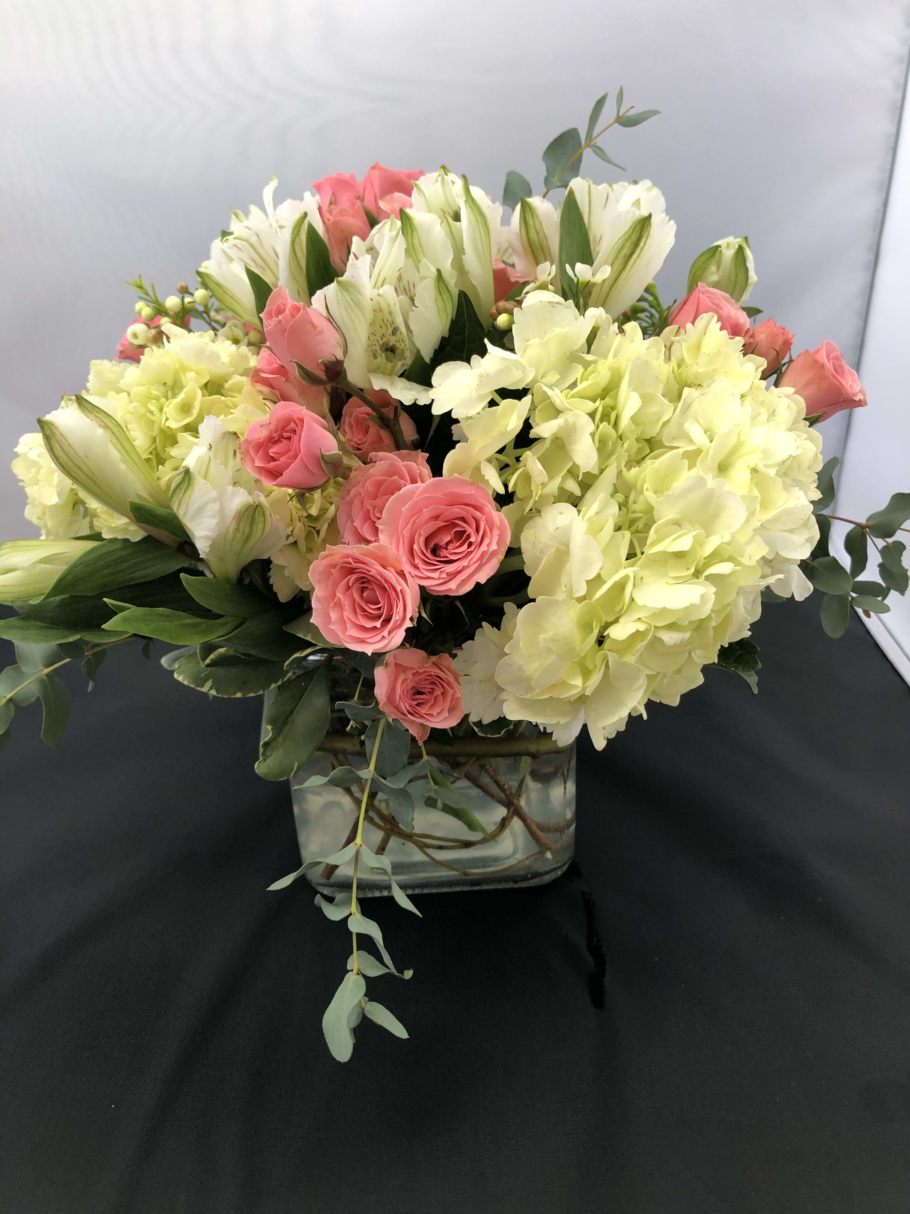 Sweet treat - Hydrangea, pink roses and alstroemerias in hues of pink and white. 