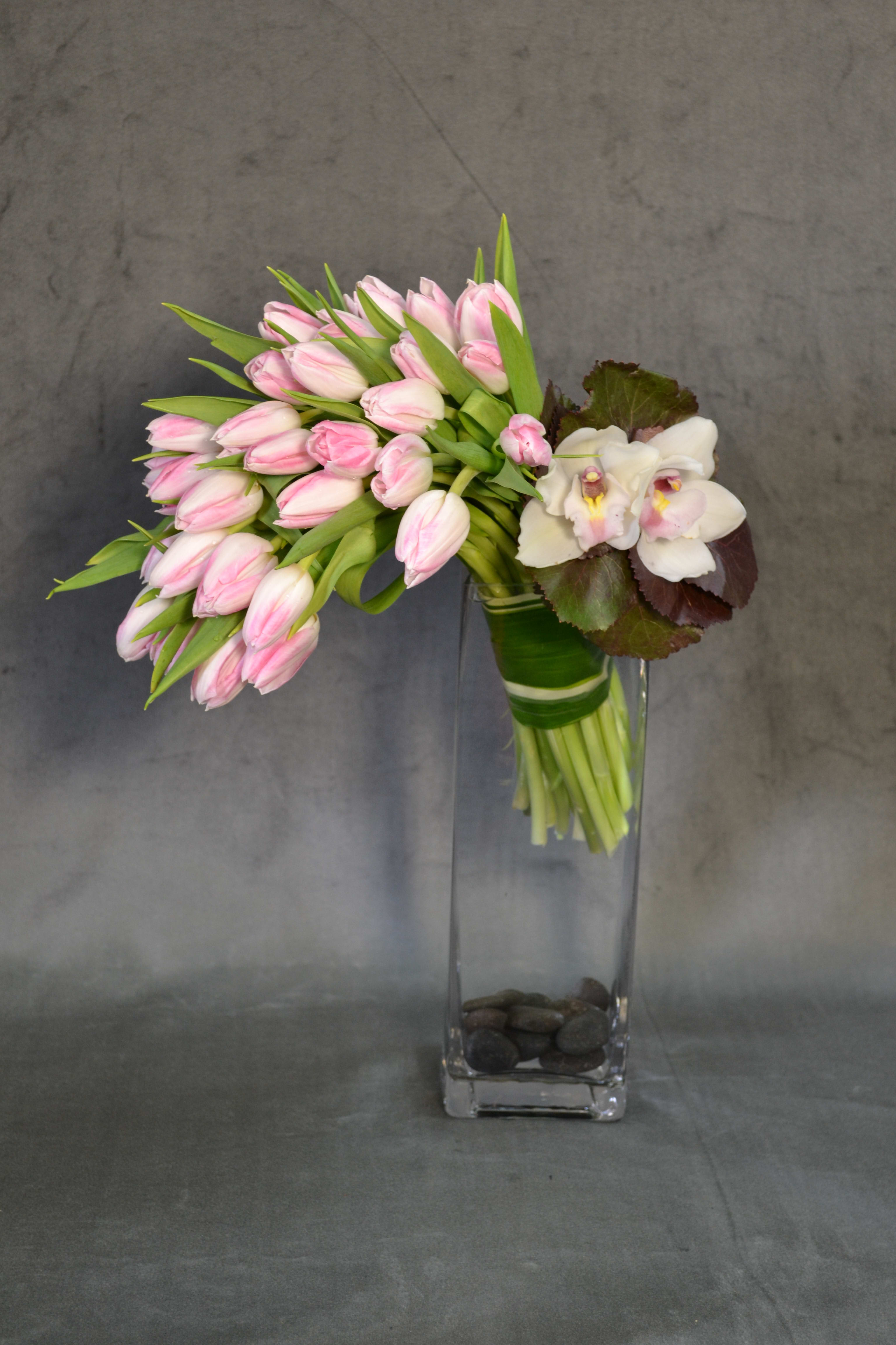 Divine - Blush Tulips beautifully falling to the side as a cascade with Cymbidium accent giving the perfect touch to your special gift.