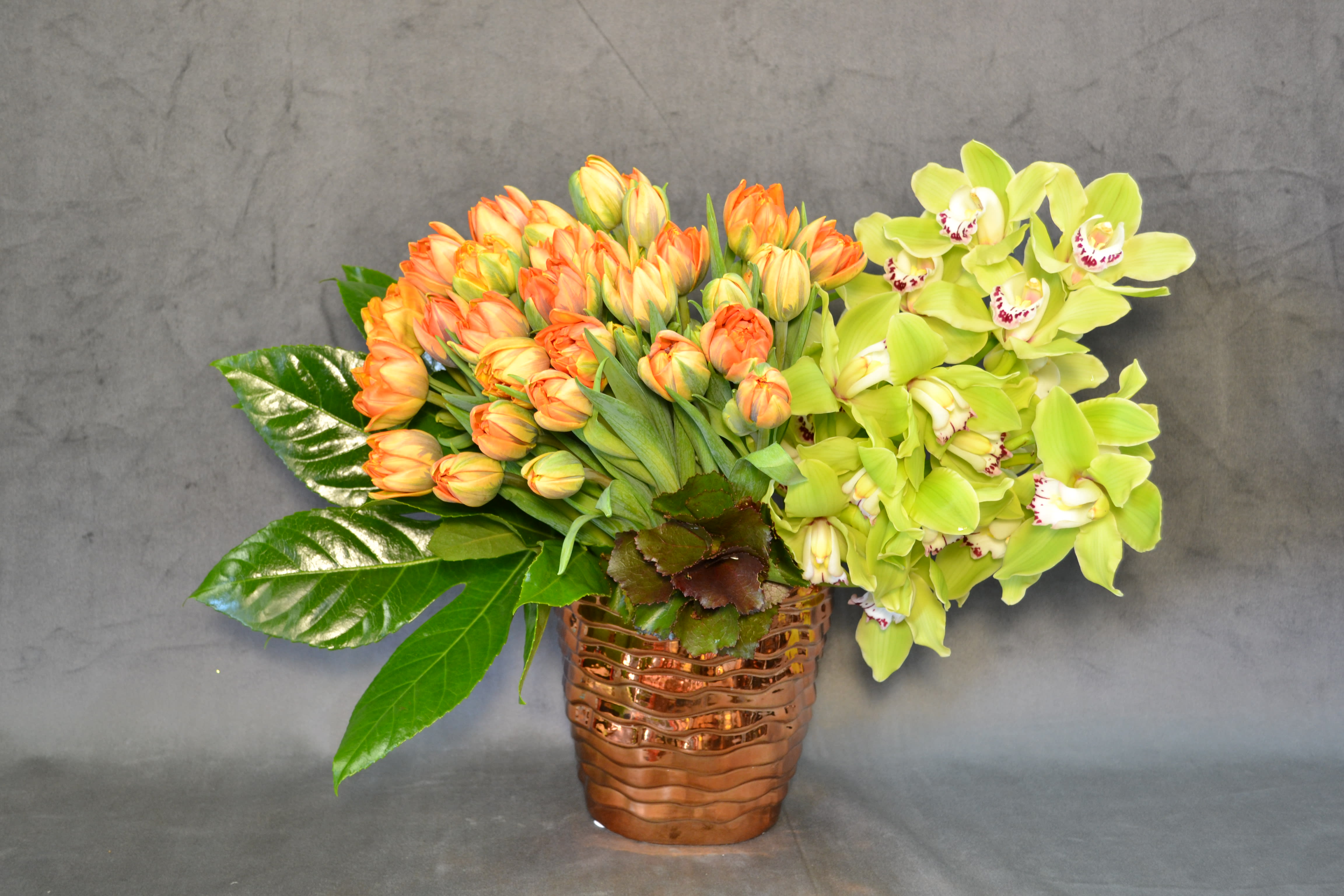 Summer Bliss - Tulips and Cymbidium Orchids perfectly matching. 