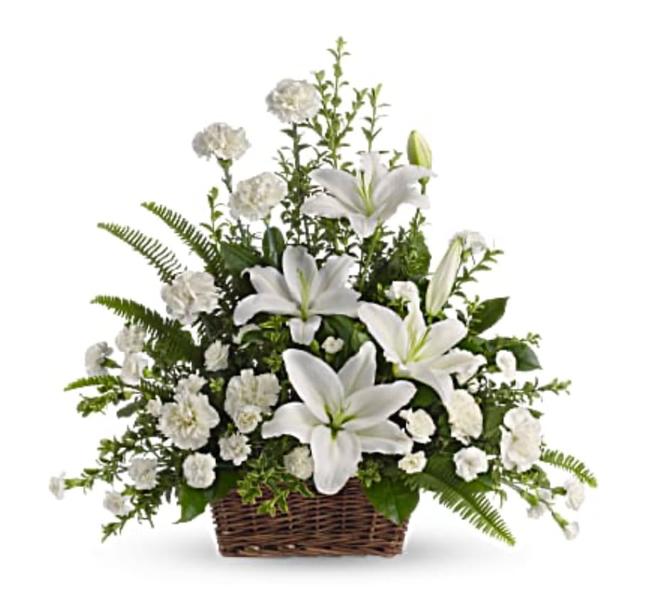 Peaceful White Lilies Basket by Teleflora T228-1A - Beautiful white sympathy basket 