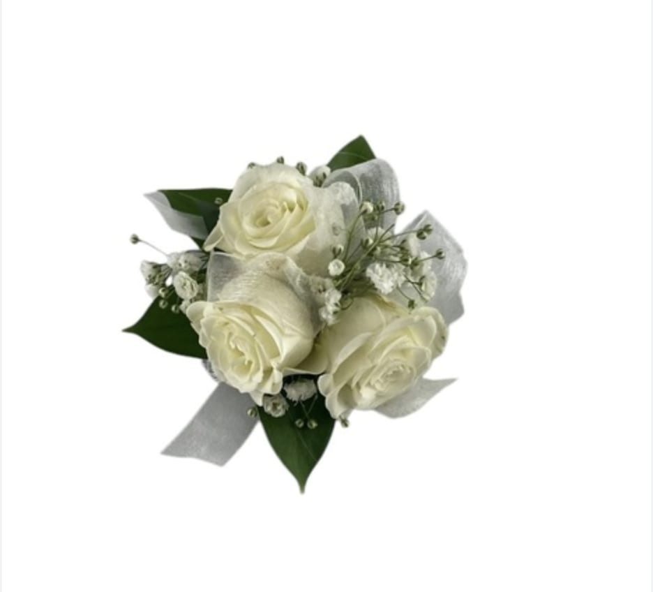 White rose bouquet with baby's breath and silver ribbon