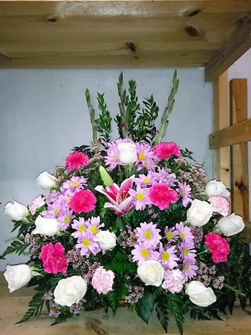 Large pink and white floral spray with lilies and daisies