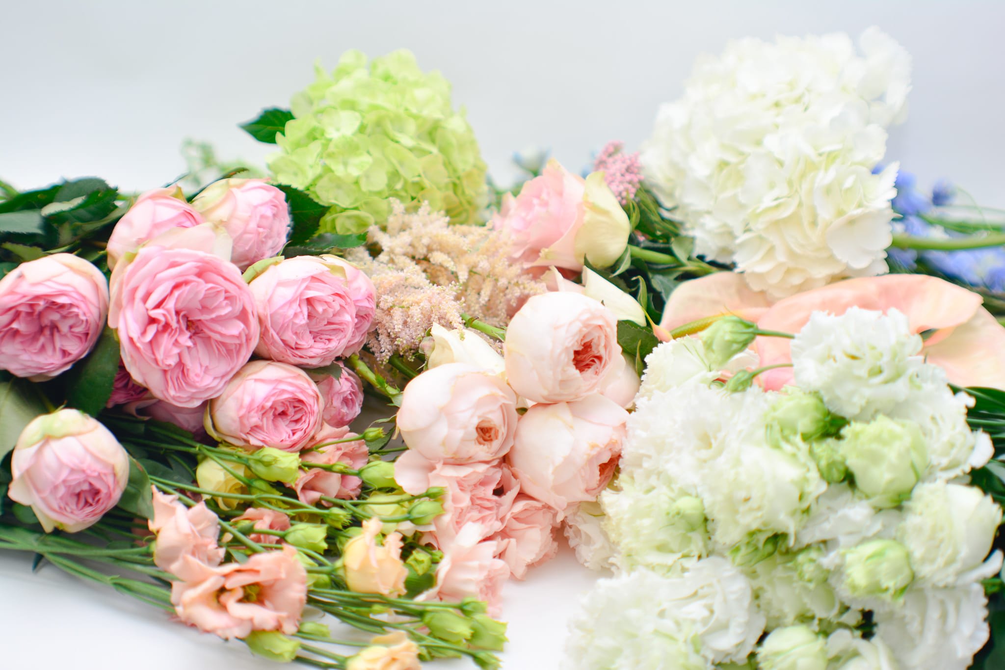 Assorted pink and white flowers arranged in clusters