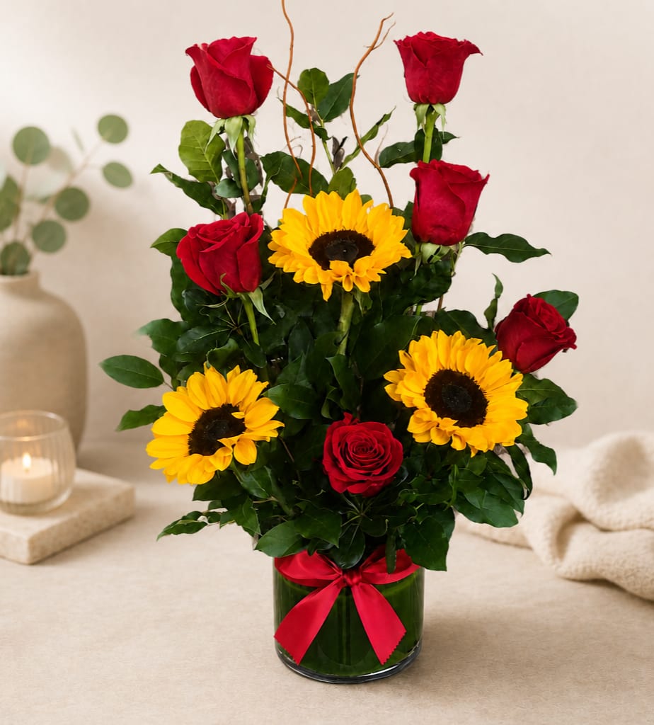 Red roses and yellow sunflowers arranged in a glass vase with a red ribbon