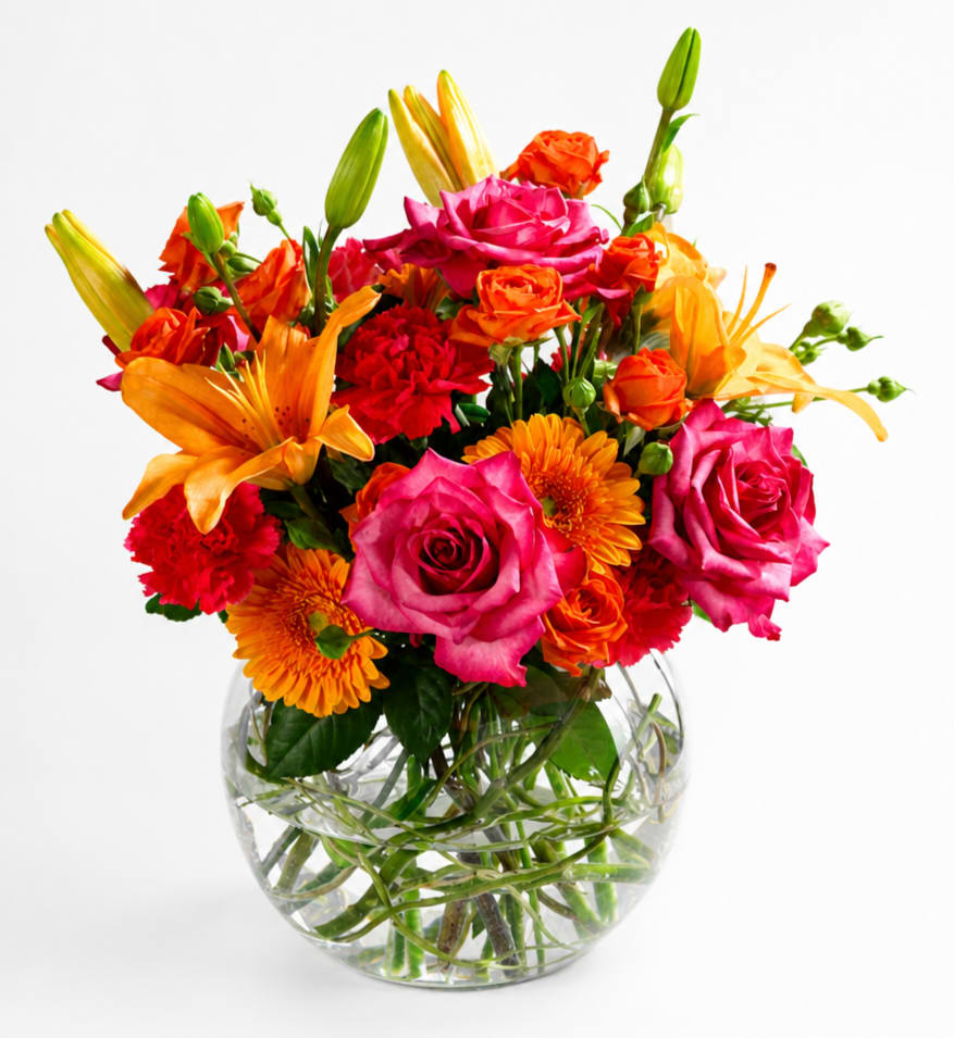 Bright mixed bouquet of roses, lilies, and carnations in a clear glass vase
