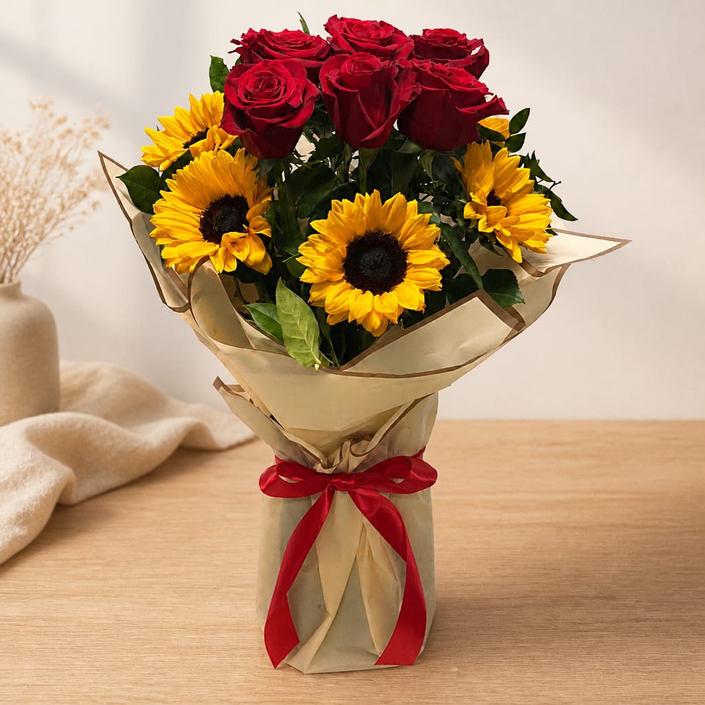 Bouquet of red roses and yellow sunflowers wrapped in beige paper with a red ribbon