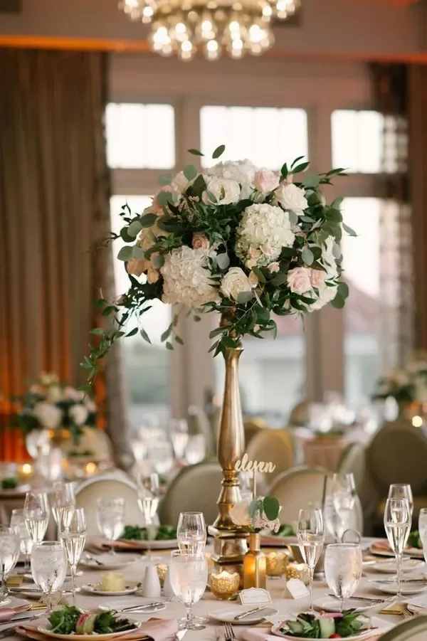Golden Hydrangeas  - Tall Golden pedestal ( rented). Adorned with hydrangea pink roses and lush full greens