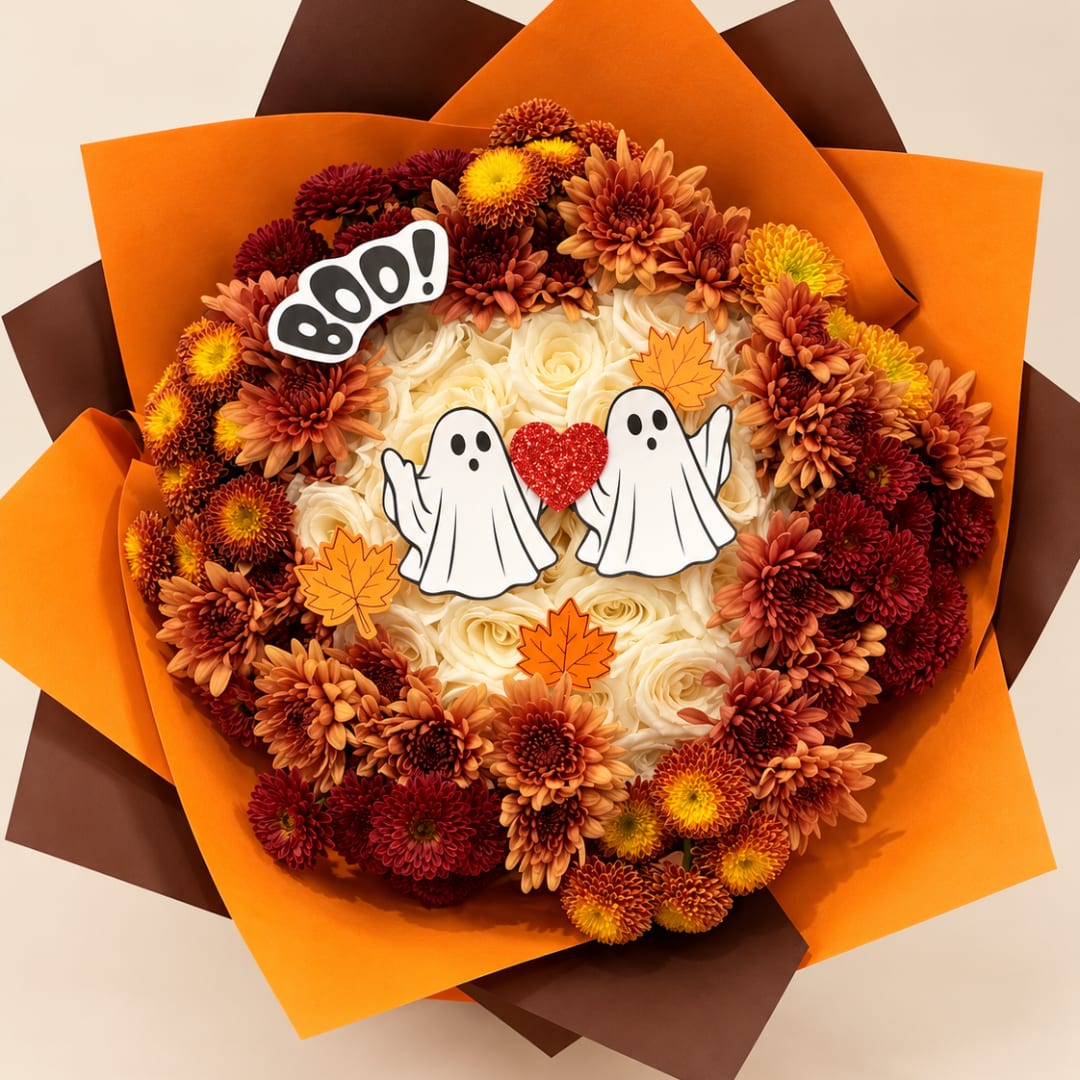 Round bouquet of cream and autumn-toned flowers with Halloween cutouts
