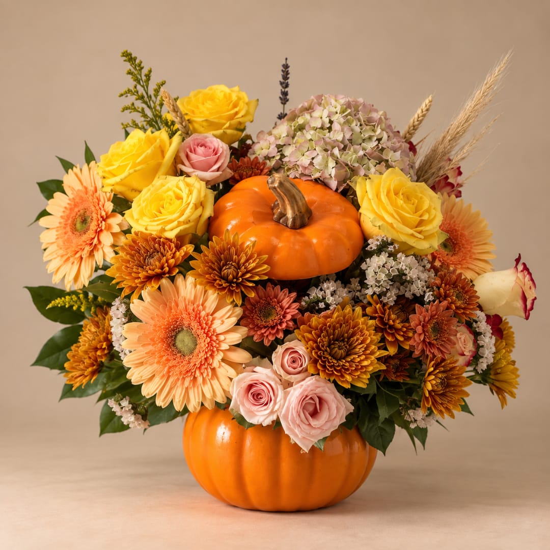 Fall floral arrangement in a pumpkin vase with roses, gerberas, and mums