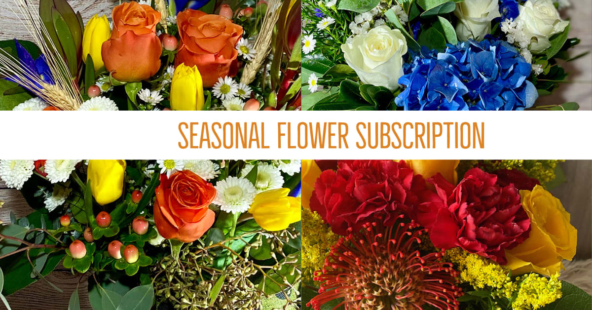 Collage of colorful flower arrangements with the text "Seasonal Flower Subscription"