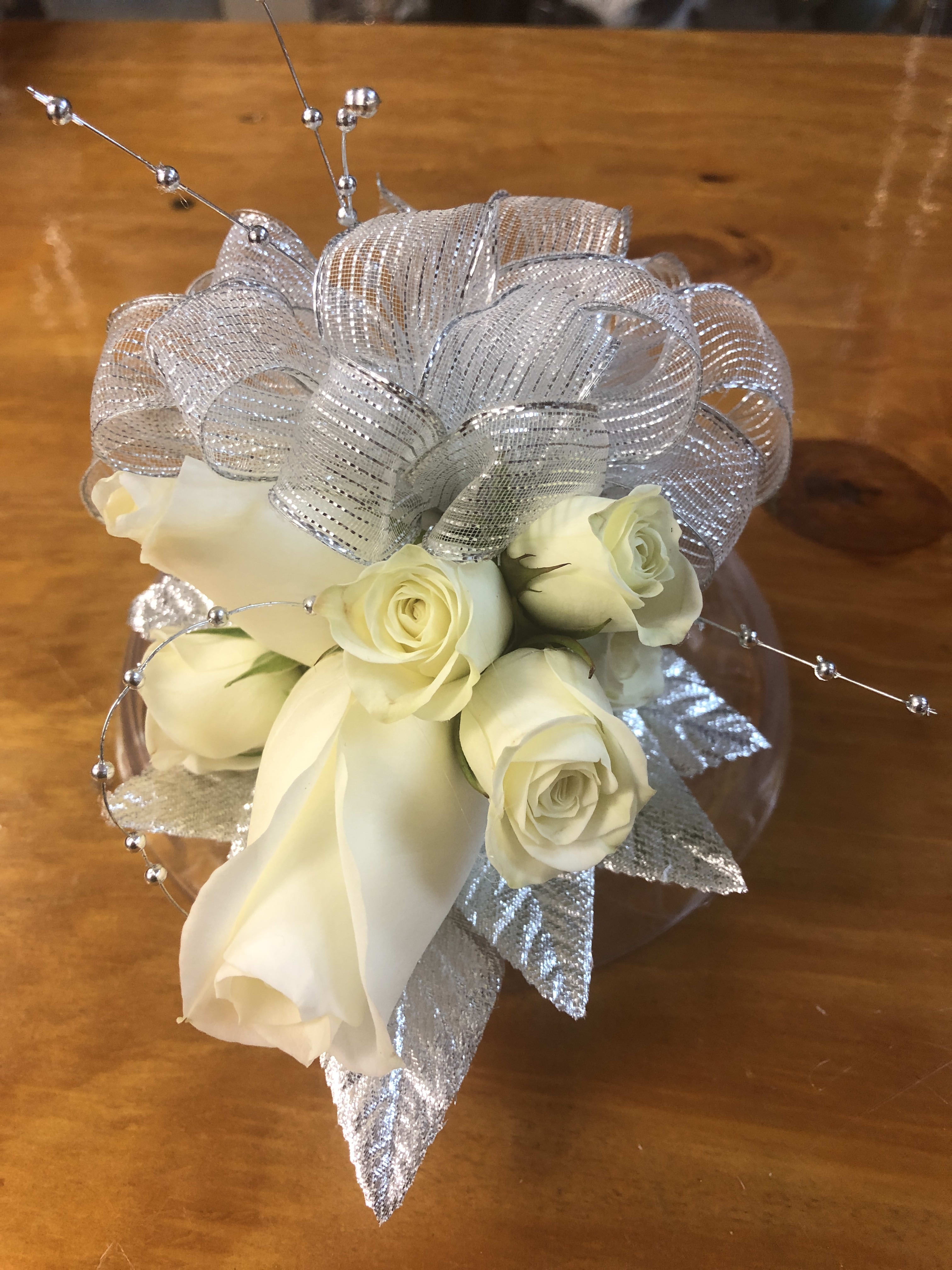 White roses with silver ribbon and bead picks