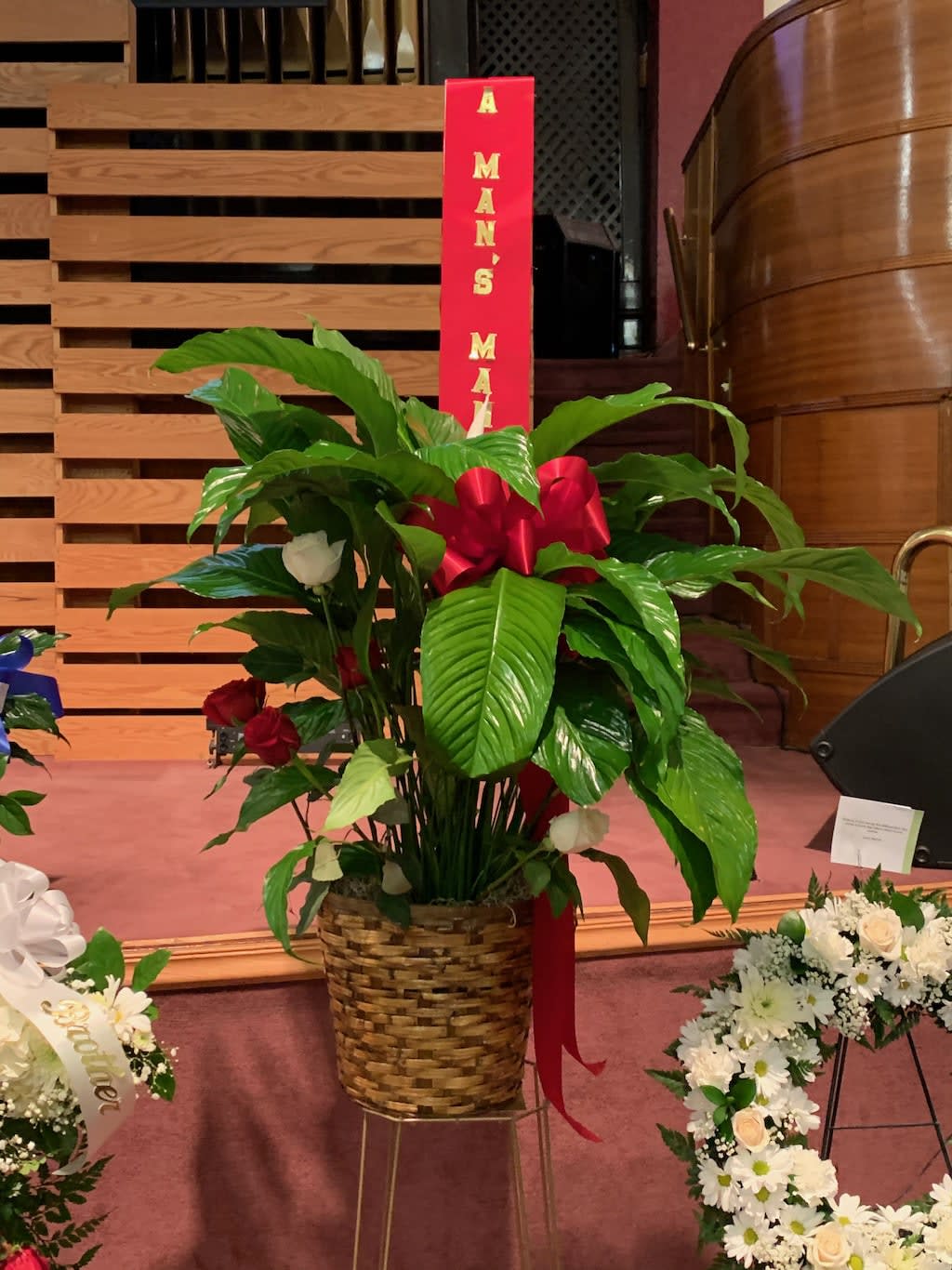 Large potted peace lily with red ribbon and memorial banner