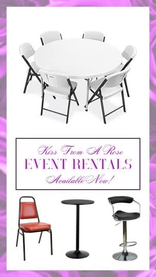 Event rental flyer with tables and chairs on a white background