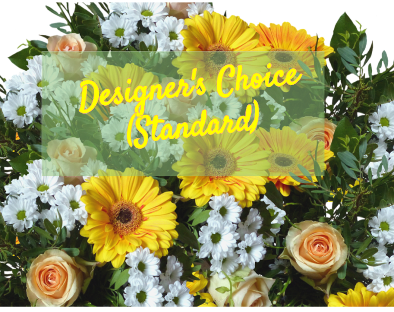 Mixed bouquet with yellow gerbera daisies, white daisies, and peach roses