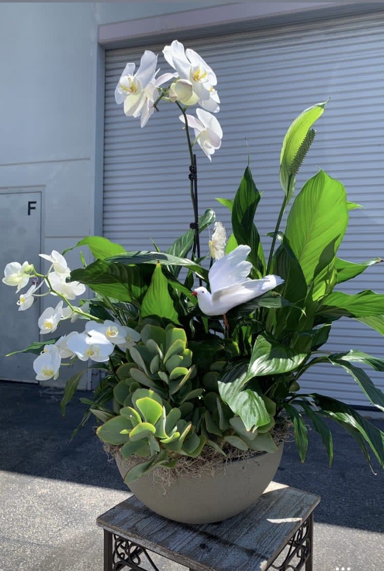 White orchids and green tropical foliage in a round planter with a white bird figurine