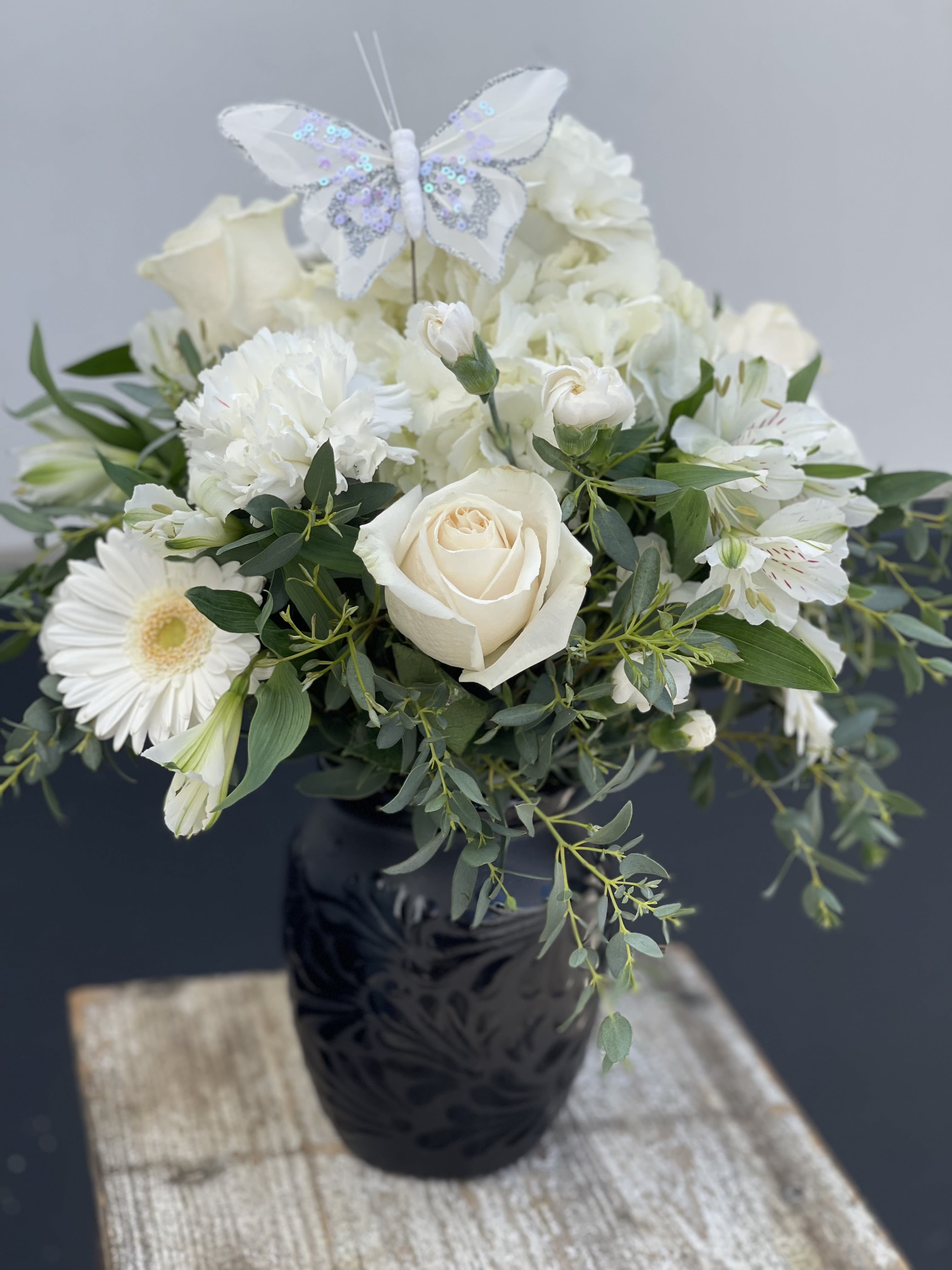 Black cantarito with white floral  - Made in Mexico Cantarito vase 