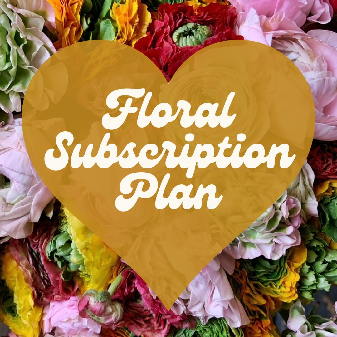 Colorful flowers behind a heart-shaped floral subscription plan graphic